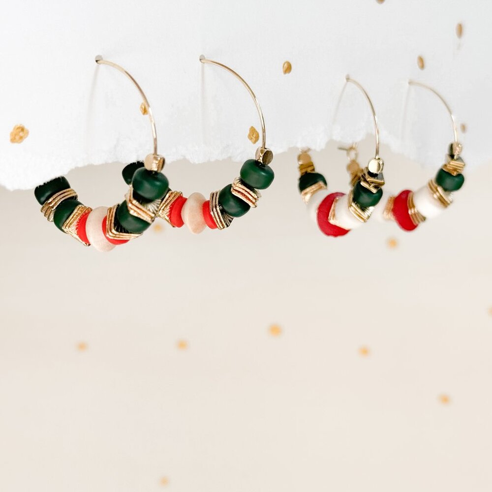 Boho Hoop Earrings Green Stone Beaded Gold Hoops Coral Ivory | Artisan Style - Picture 2 of 10